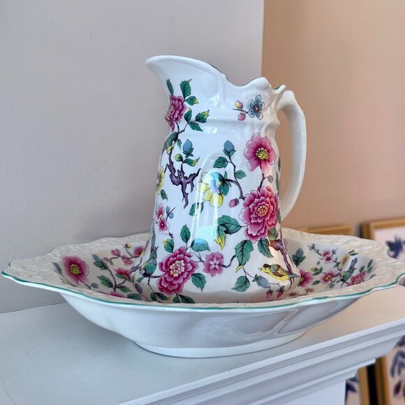 1950s James Kent Old Foley Chinese Rose Fine Porcelain Pitcher and Basin - Picture 2 of 16